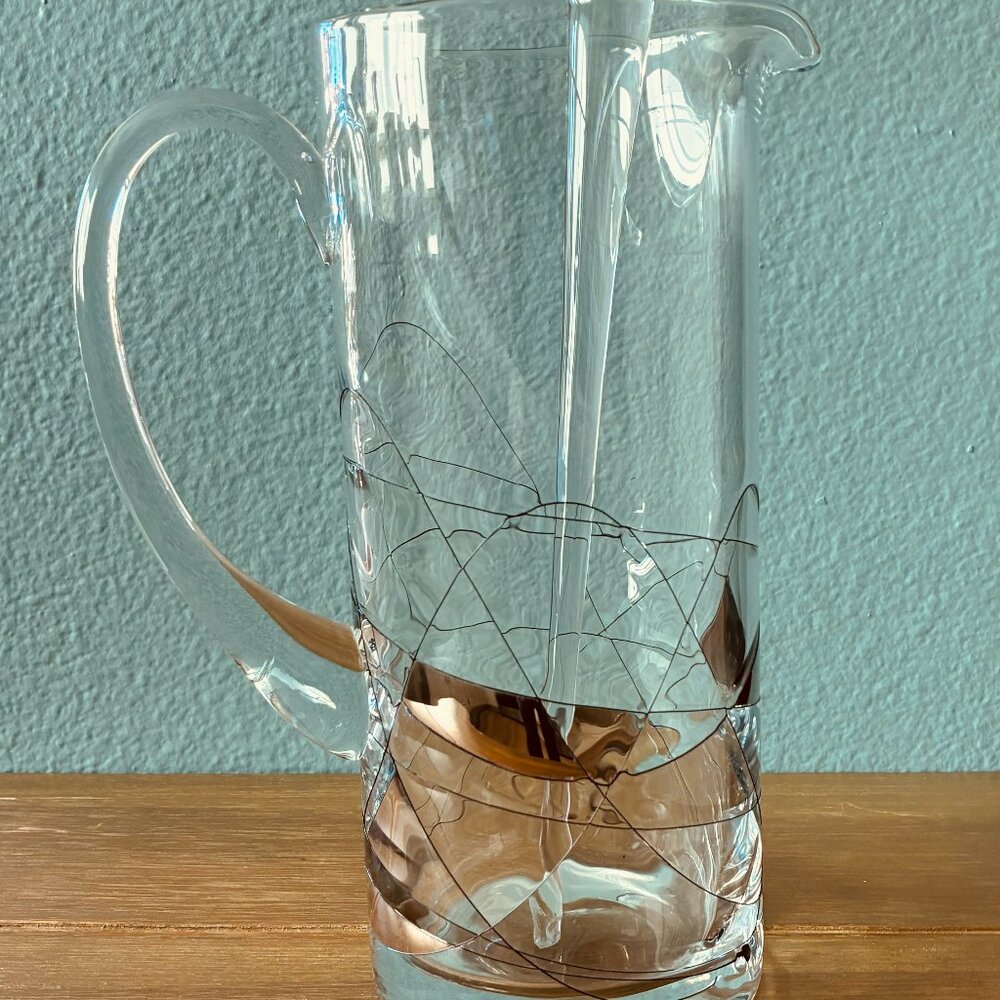 Wire Embedded Hand Blown Art Glass Cocktail Pitcher w/Glass Stirrer